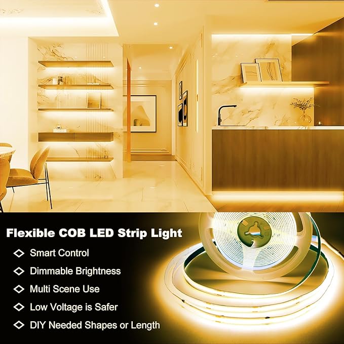 DAYBETTER COB LED Strip Lights, 16.4 ft/5 m 1600 LEDs Bright Warm White LED Light Strips with Remote and App, 3000K Dimmable LED Tape Light, Indoor COB LED Lights for Bedroom, DIY Lighting, Room Decor