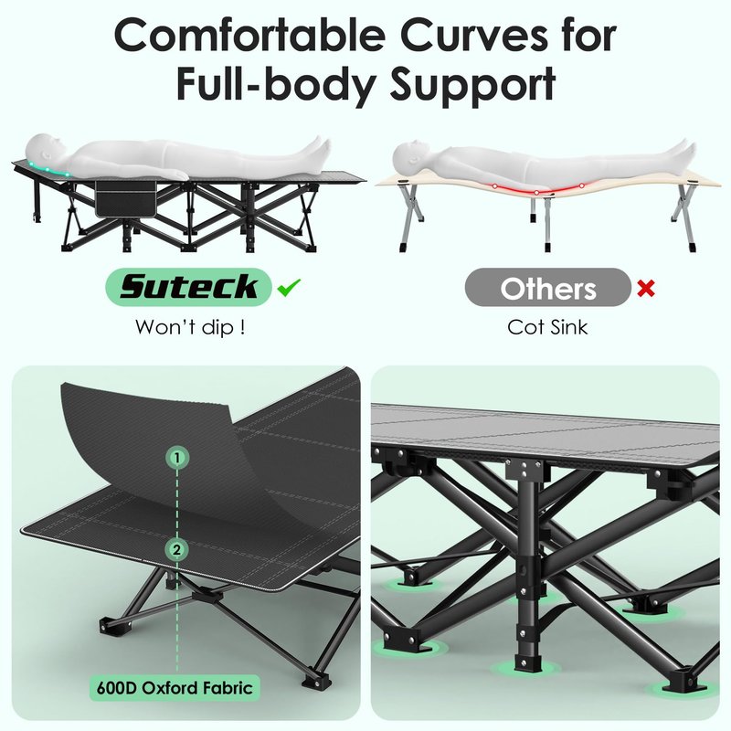 Suteck Camping Cot, Folding Camping Cot Bed for Adults Sleeping 1200D Double Layer Oxford Portable Folding Outdoor Cots for Camping W/Soft Pad Carry Bag for Home Office Nap Beach Travel