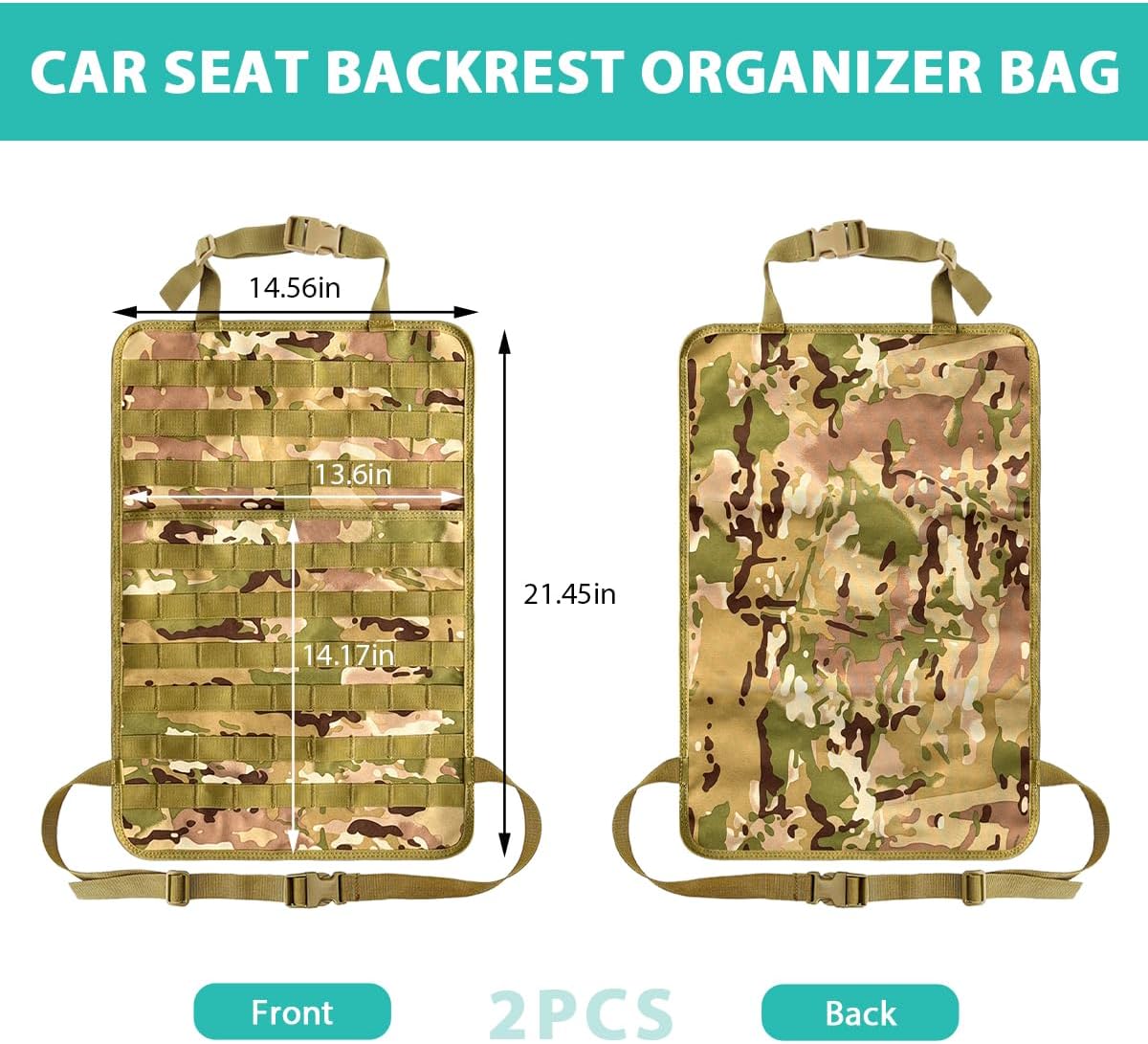 2 PCS Car Seat Back Organizer, Tactical MOLLE Sag Proof Vehicle Panel Backseat Cover Protector, Universal Molle Nylon Storage Bag Seat Back Hanger Pad for Car Truck SUV Pickup (Camouflage CP)