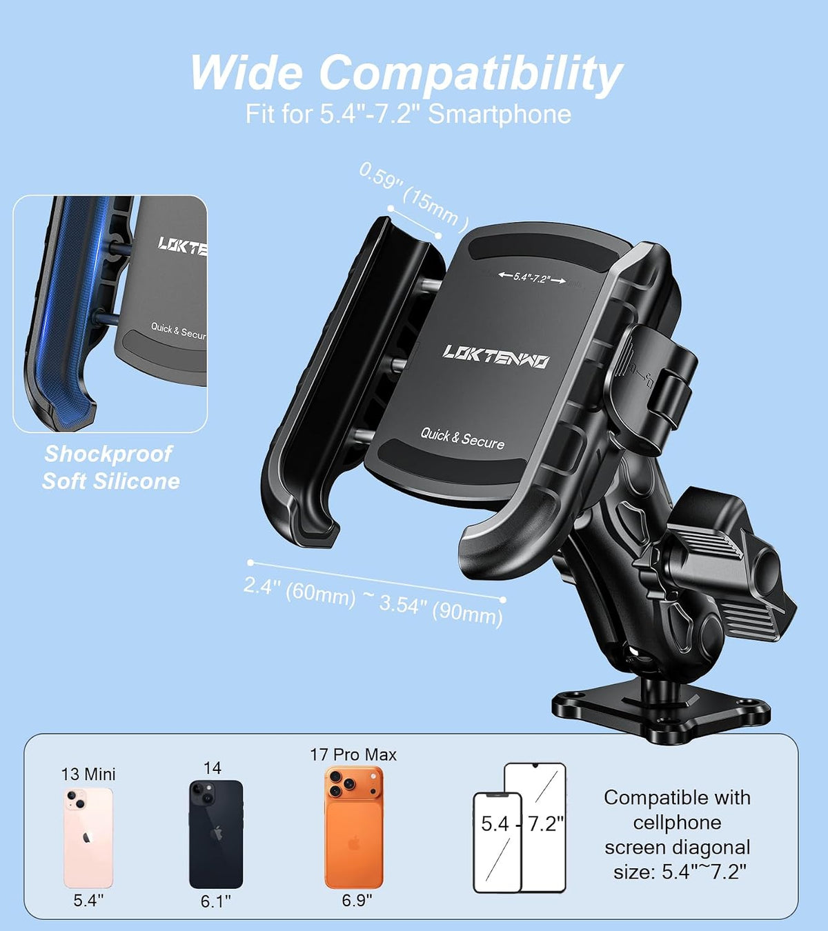 LOKTENWO Phone Mount Holder for Car, Truck, Boat, Quick Lock Shockproof