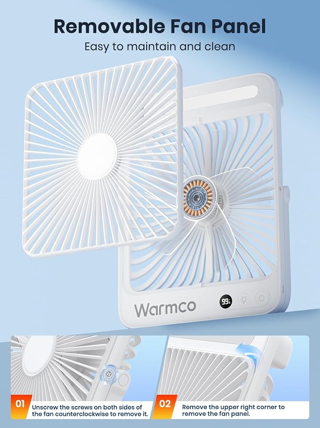 Warmco 20000mAh Battery Powered Fan, Ultra-Slim 8-Inch Portable Camping Fan with LED Lantern, Up to 48H Runtime Rechargeable Desk Fan for Bedroom, Outdoor, Tent, Travel, Cruise Ship Essentials