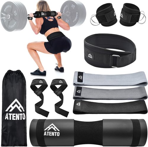 ATENTO Barbell Pad Set - 10Pcs Weight Lifting Belt & Thick Cushion for Hip Thrusts | Includes Ankle Straps & Carry Bag