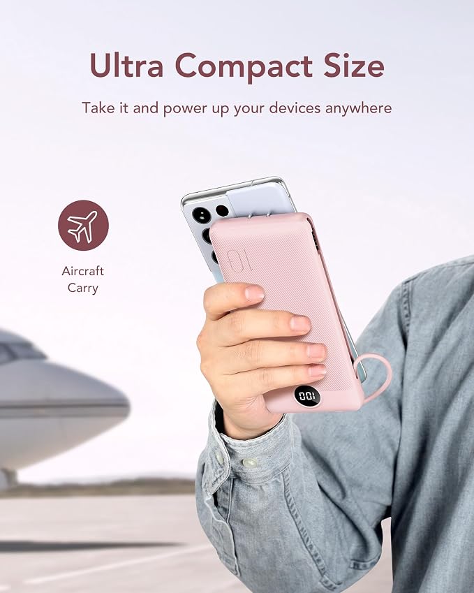 VEGER Portable Charger with Built-in AC Plug and Cables, All in One 10000mAh Ultra Slim Power Bank Travel Essentials, Fast Charging Battery Pack Compatible with iPhone, Samsung, Android (Crepe)