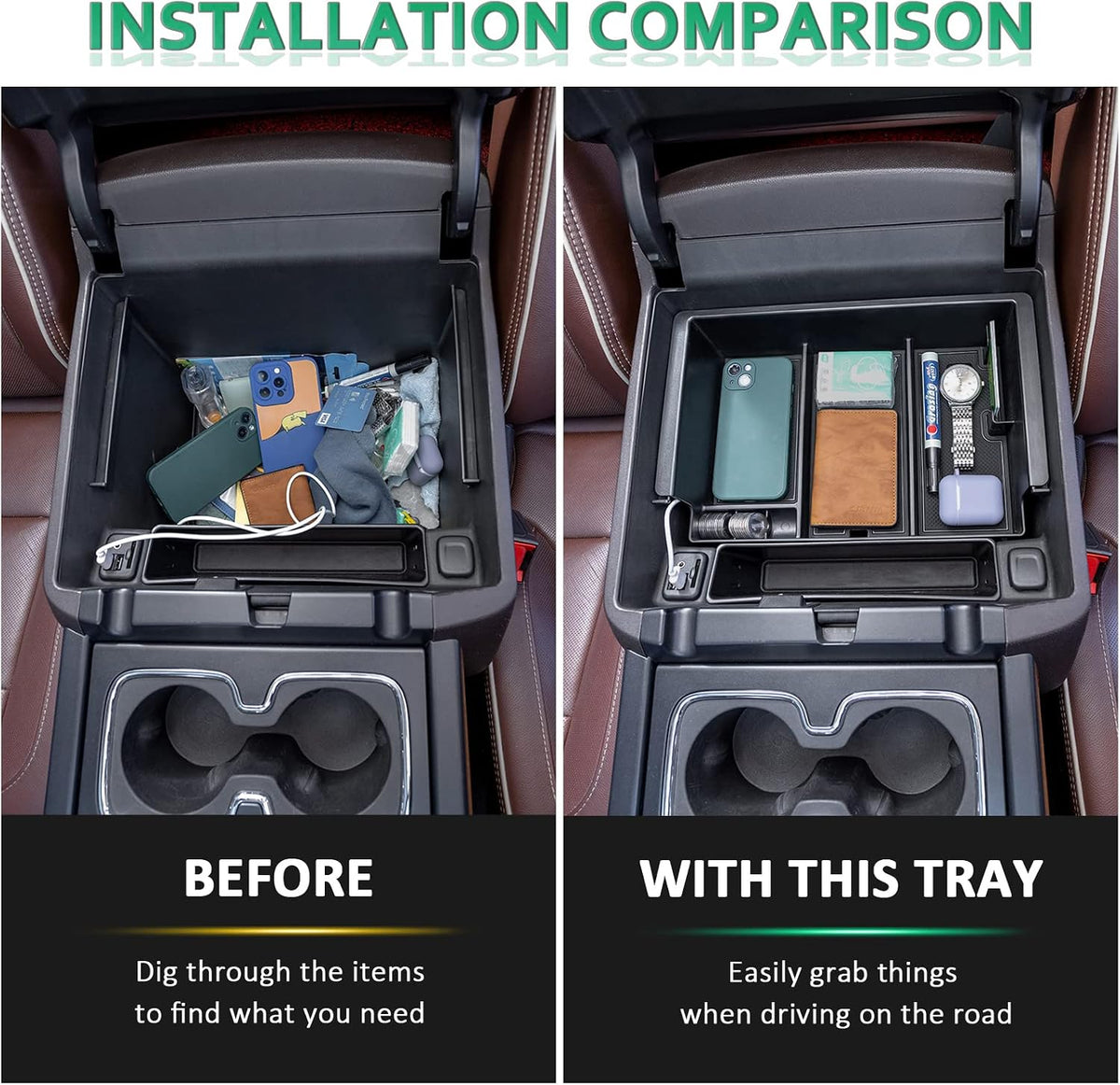 TOPINSTALL Full-Size New Center Console Tray Compatible with 2014-2018 Chevy Silverado/GMC Sierra and 2015-2020 Chevy Tahoe/Suburban/GMC Yukon/Yukon XL (Full Console w/Bucket Seats ONLY)