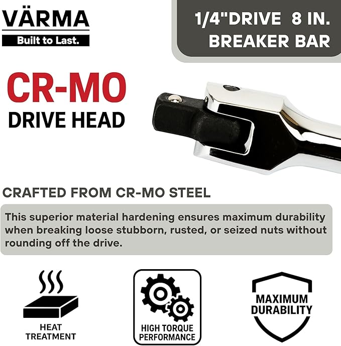 1/4-Inch Drive Breaker Bar, 8-Inch Length – Heavy Duty CR-MO Drive Head & 12mm Thick Shaft – High Torque Flex Head Tool for Bicycle, Motorcycle & Small Engine Repair – Exceeds ANSI Standards
