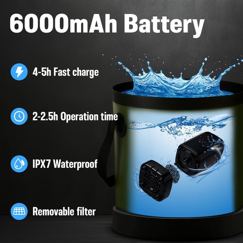 Motivekit™ Portable Camping Shower | 6.6 Gallons Foldable Bucket, 6000mAh Shower Pump, 6' 7" Shower Head, 1500W Immersion Heater, Summer Beach Outdoor Showering Hiking Pet Bath RV Car Wash Water Plant