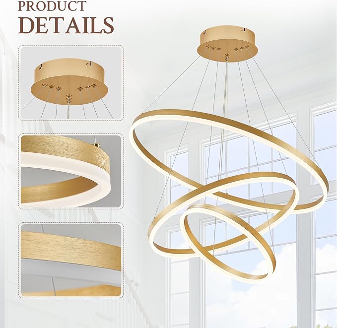3-Rings Modern LED Chandelier Gold, Dimmable Pendant Lighting
