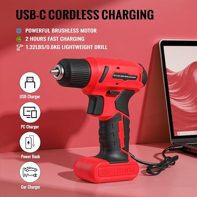 TLGREEN 101 Pcs 8V Cordless Drill and Tool Set, USB-C Rechargeable Power Tool Kit with Brushless Motor & Fast Charge, Lightweight Home Tool Kit for DIY, Repair, and Maintenance with Storage Case（Red)
