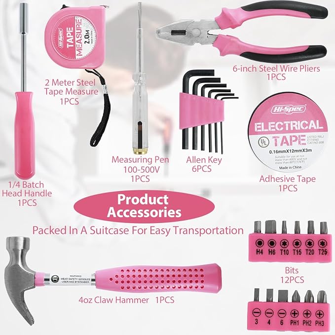 24pcs Small Tool Kit, Pink Mini Tool Kit for Women, Multi-Purpose Home Hand Tool Set with Case, Basic Household Tool Kit for College, Dorm, Office, Garage