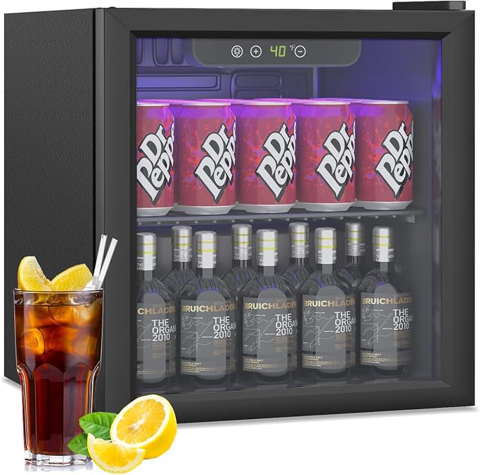 DOGHLY 1.3 Cu.ft Mini Fridge Glass Door, 60 Cans Beverage Refrigerator | Drink Fridge for Soda Beer Wine, Manual Temperature Control, Removable Shelf, Quiet Beverage Cooler for Office, Dorm, Bar