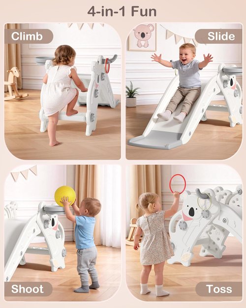 Babytronic Toddler Slide - 4-in-1 Indoor & Outdoor Playground with Climber, Basketball Hoop & Ring Toss | Cream & Gray