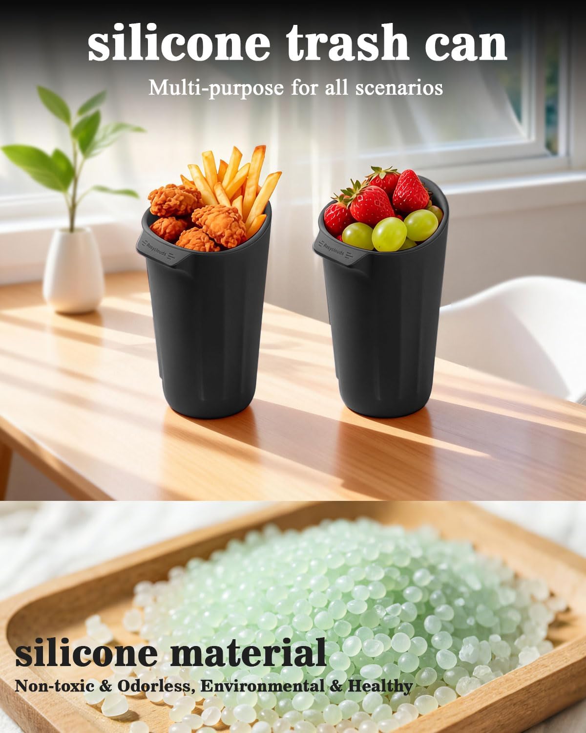XmuxHai Car Trash Can, Silicone, Accessories for Interior Mini Garbage Can, Cup Holder Bin for Front and Rear Console, Door Pocket, Home Office Use, 2 Pack (Black)
