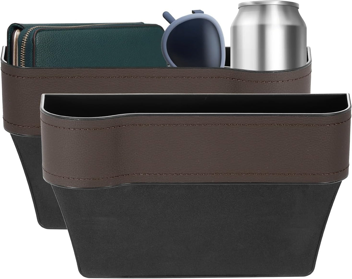 HARFINGTON 2pcs Car Seat Gap Filler Organizer 10.2 x 6.5 x 3.1 Inch ABS+Leather Universal Car Organizer Storage Box Between Seat and Console (Left+Right) with Cup Holders for Phone, Brown