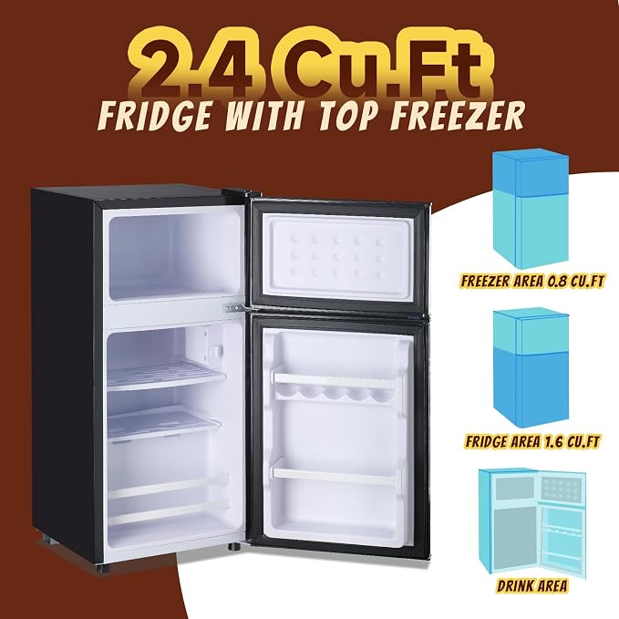 Mini Fridge 2.4 Cu.ft Mini Refrigerator with Freezer Dual Door Dorm Fridge for Personal Senven Temp Gear Suit for Apartment, Bedroom, Rv Silver