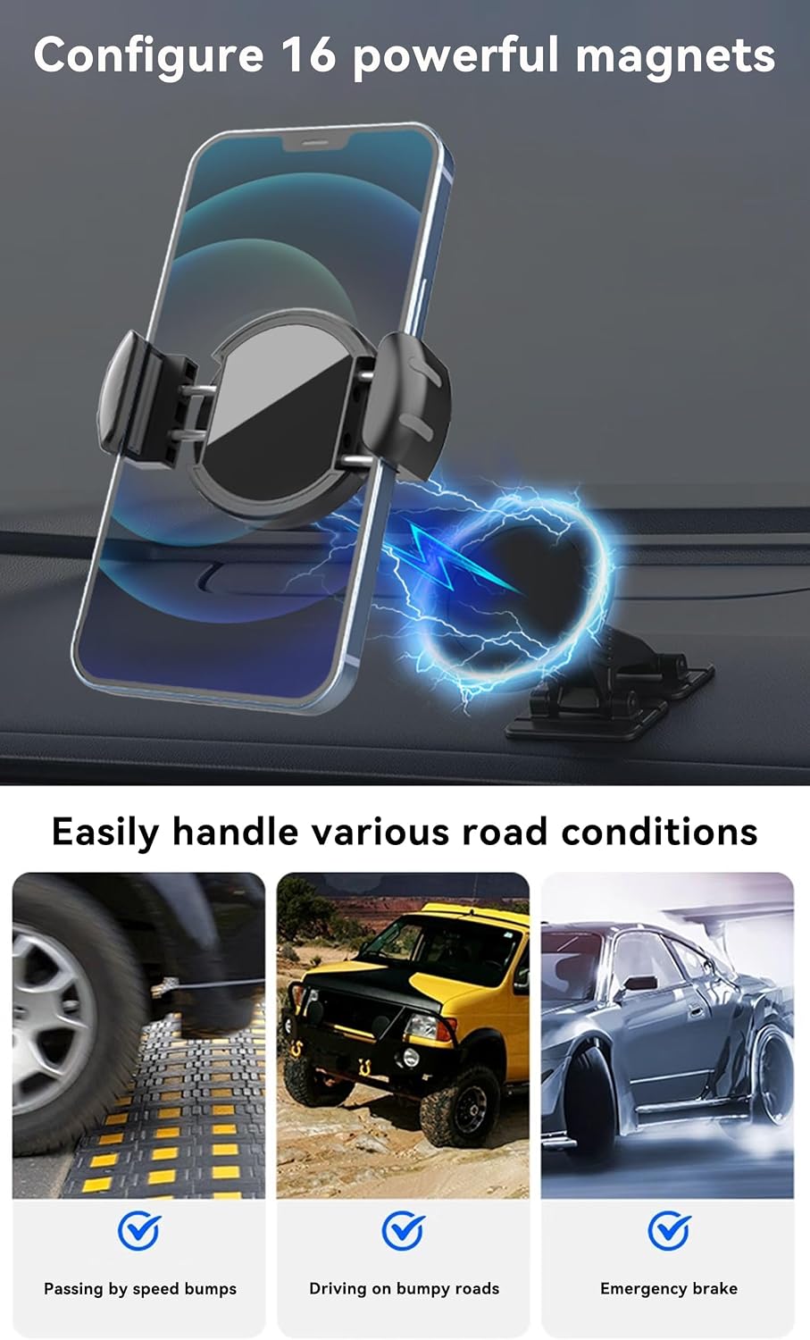 [Newly Upgraded] Metal Magnetic Car Phone Holder | Dual Insurance of Vacuum + Adhesive | 360° Rotation Without Dead Angle | Magnetic Ring Included‌(for iPhone & Android) (Black+Clip)
