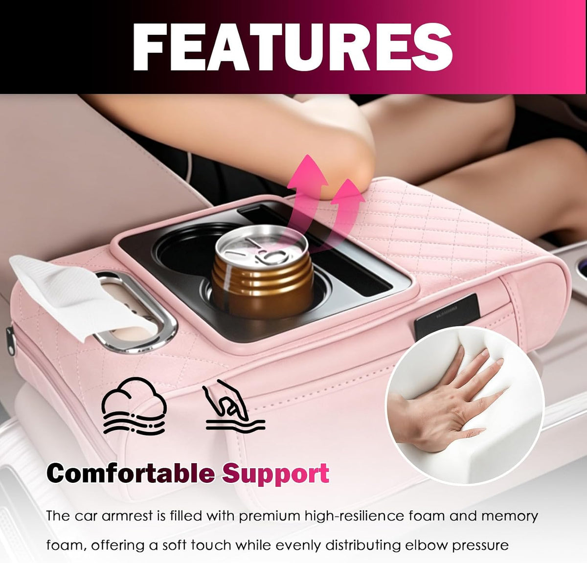 5 in1 Car Armrest Storage Box,Multifunctional Leather Car Armrest Box Pad for Elbow Support,Comfortable Center Console Cover with Cup Holder & Phone Holder & Side Storage Bag (Pink)
