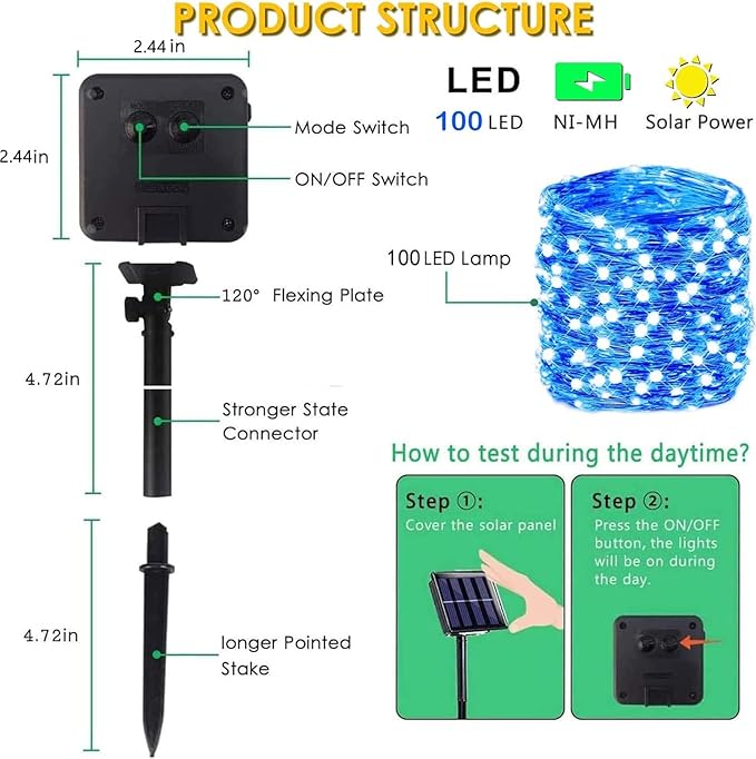 Blue Solar String Lights Outdoor, 2 Pack Total 80FT 200 LED Solar Twinkle Lights for Outside, Waterproof Copper Wire 8 Modes Fairy Light for Garden Tree Party Birthday Patio Christmas Decorations