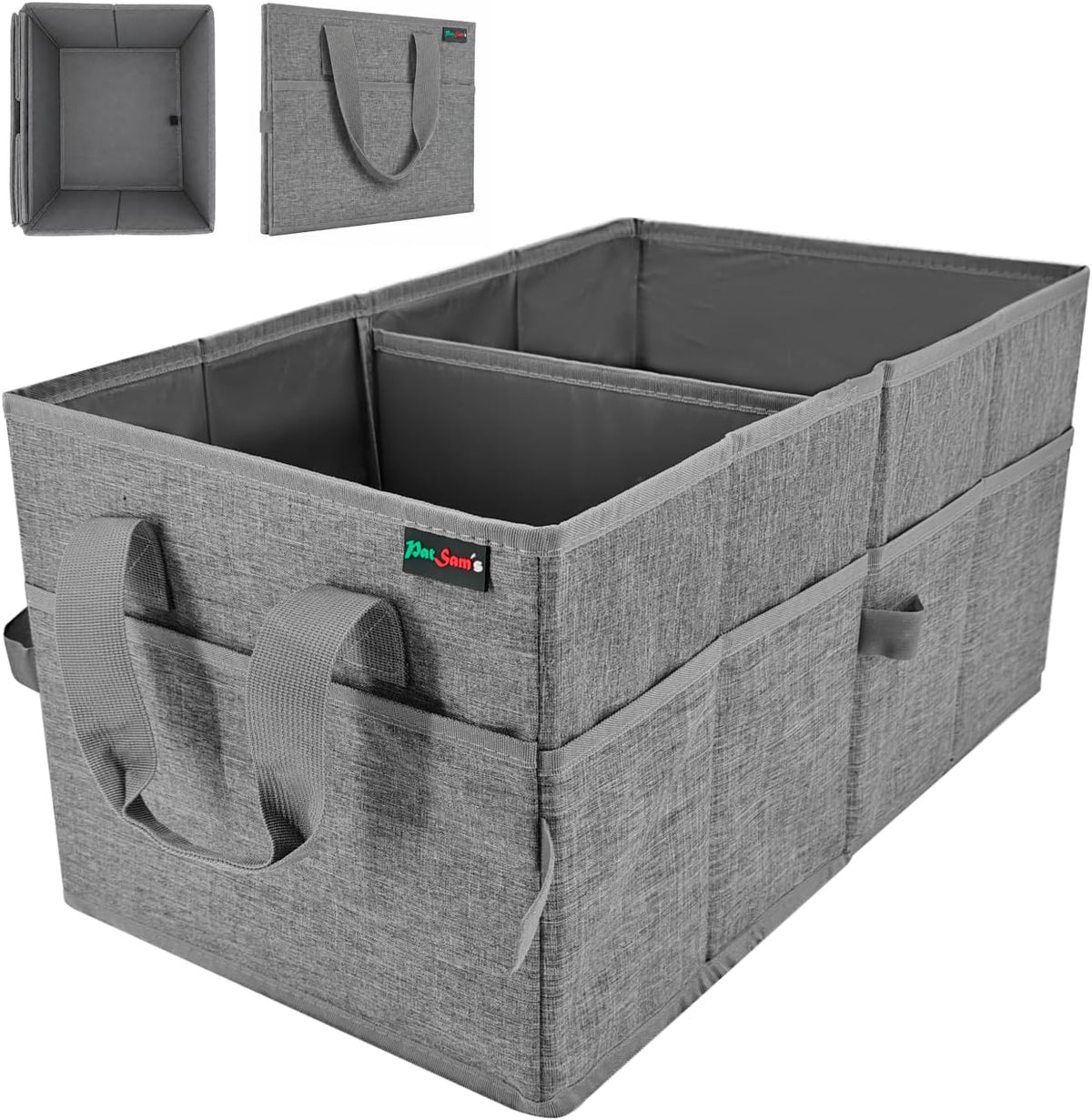 PAT SAM'S Car Trunk Organizer for SUV, Foldable Collapsible Storage Organizer with Dividers, Non-Slip Waterproof 600D Oxford, Backseat & Trunk Storage for Groceries, Tools, Toys (Gray)