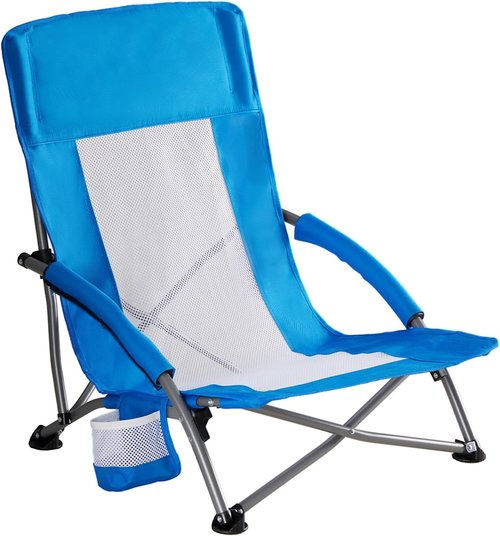 NEWBULIG Low Beach Chair - Portable Folding Camping Chair with Cup Holders & Carry Bag | Extra Wide Seat, Blue