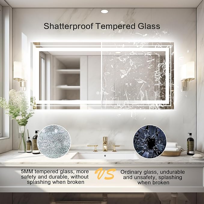WTTY LED Bathroom Mirror 72''x40'' with Front and Backlight, Large Dimmable LED Vanity Wall Mirrors, Double LED Bathroom Mirror with Anti-Fog, 3 Colors, Memory Function, Shatter-Proof, ETL Listed