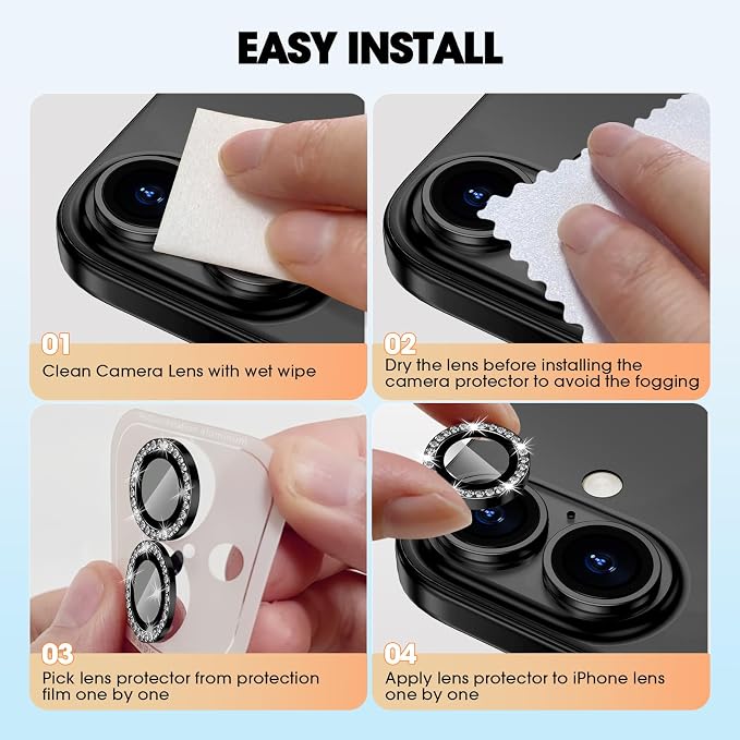 for iPhone 16/16 Plus Camera Lens Protector Bling Individual Metal Diamond Ring