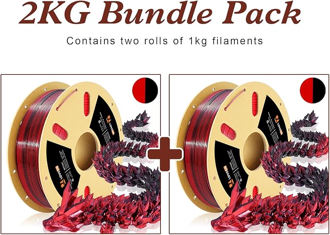 LOVOON PLA 3D Printer Filament Silk Bundle 2KG, PLA Filament 1.75mm Shiny Dual