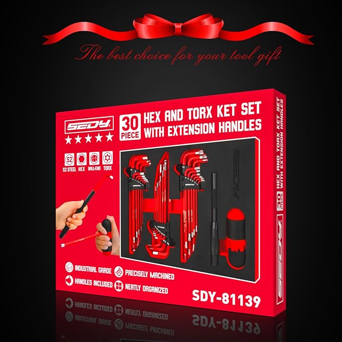 SEDY 30-Piece Long Arm Ball End L-Hex & Torx Key Set with Grip Handle, Ultimate Hex Key Wrench Set with T-Handle and Extension Bars, SAE 1/16" to 3/8", Metric 1.5mm to 10mm, Torx T10 to T50