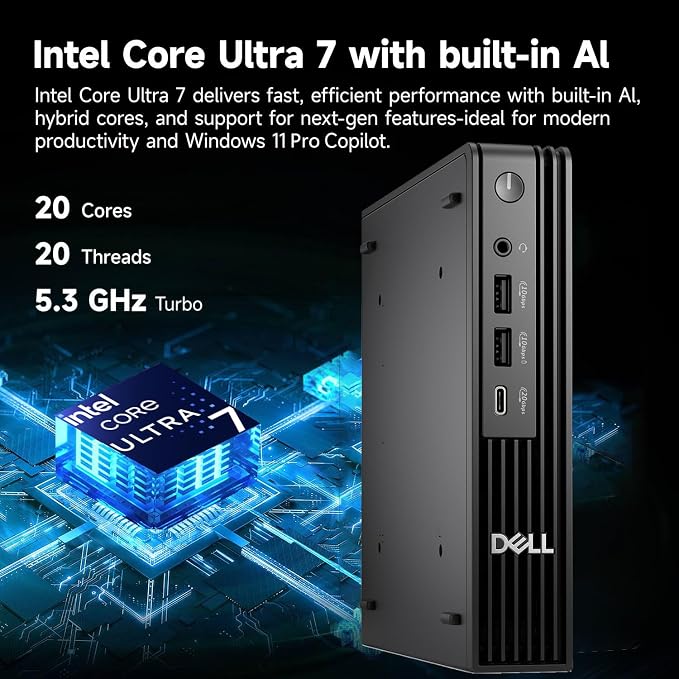 Dell 2026 Pro Plus Mini Computer: Intel Ultra 7 20-Core, 16GB RAM+1TB SSD | 3 DisplayPort, USB-C, WiFi 6, Windows 11 Pro, AI Copilot Micro Desktop Computers for Business & Professionals