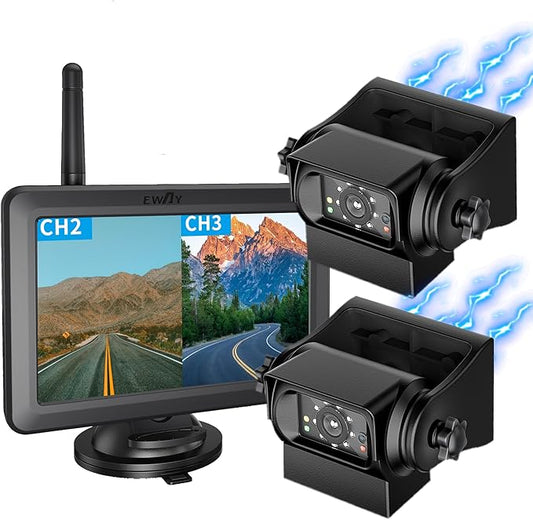 EWAY 2 Magnetic Wireless Backup Cameras HD1080P w/ 5" Split Screen Monitor Portable No Wiring Trailer Hitch IR Night Vision Rear View Camera for Truck Pickup RV Camper 5th Wheel Boat Horse Trailer