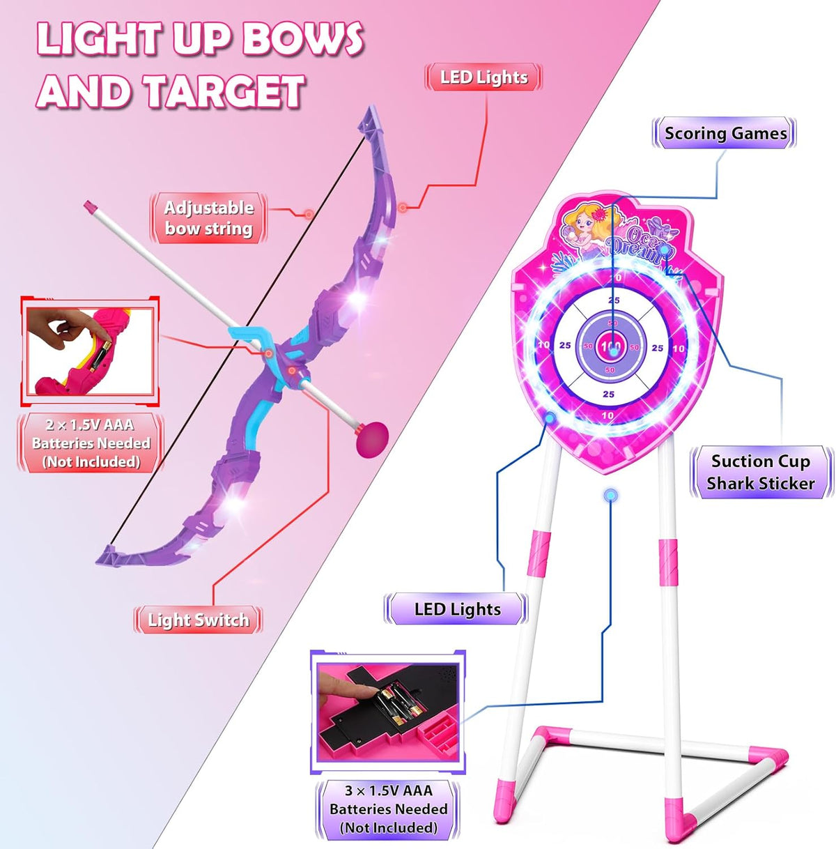 VATOS Bow and Arrow Toy Set - 4-in-1 Archery & Dart Game with LED Light, 20 Suction Cup Arrows & Mermaid Target | Indoor/Outdoor Gift for Kids Ages 5-12