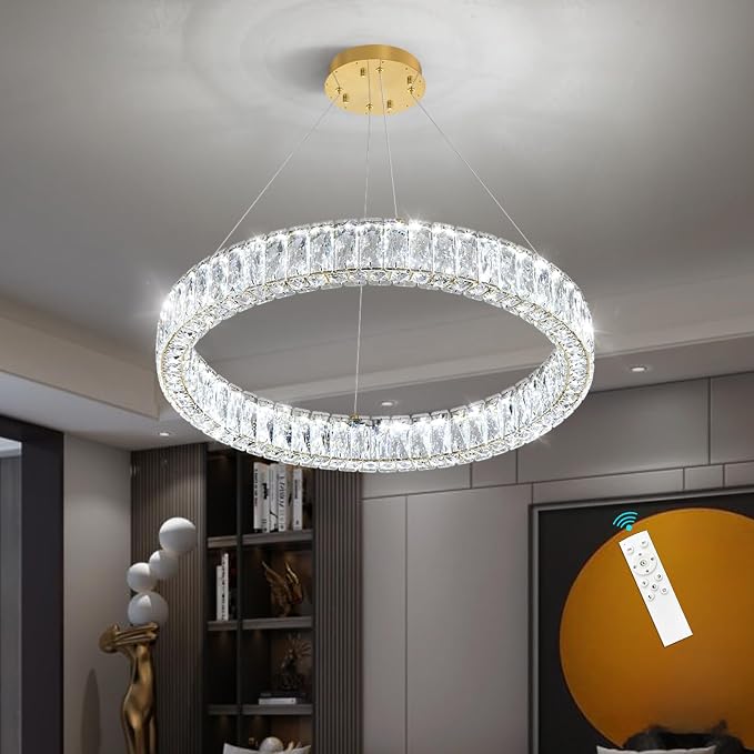 HAIXIANG Modern Crystal Chandelier Dimmable LED Ring Pendant Lights Adjustable