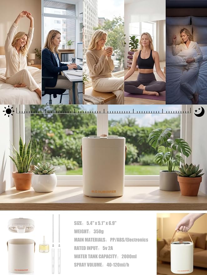 Humidifier for Bedroom, 2L Cool Mist Humidifier with Essential Oils Diffuser and Nightlight, Top Fill Humidifiers for Home, Auto Shut-Off, Carry Handle, Quiet Easy to Fill & Clean for Home