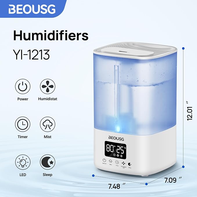 5L Top Fill Ultrasonic Humidifier,Cool Mist Humidifiers with Timer & Humidity Control for Bedroom, Baby, Large Rooms & Plants (White-2)