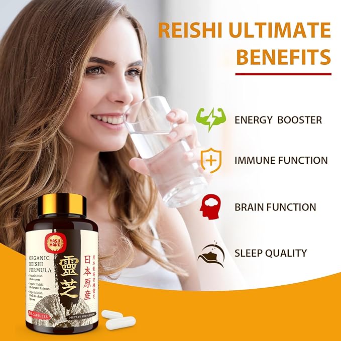 Japanese Reishi Mushroom Supplement 800mg with Reishi Mushroom Extract 500mg & Shell-Broken Spores 200mg,Organic Mushroom Capsules for Immune System - Real Fruiting Body (Pack of 2)