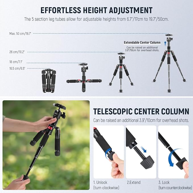 NEEWER Portable Travel Mini Tabletop Tripod, Aluminum Alloy 20''/ 50cm Desktop