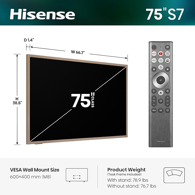 Hisense 75“ Hi-QLED S7 CanvasTV Series 4K UHD Google Smart Art TV (75S7SG, 2026 New) - 144Hz, Art Mode, Anti-Glare Panel, Dolby Vision HDR, Hi-Matte Display, Frame & UltraSlim Wall Mount Included