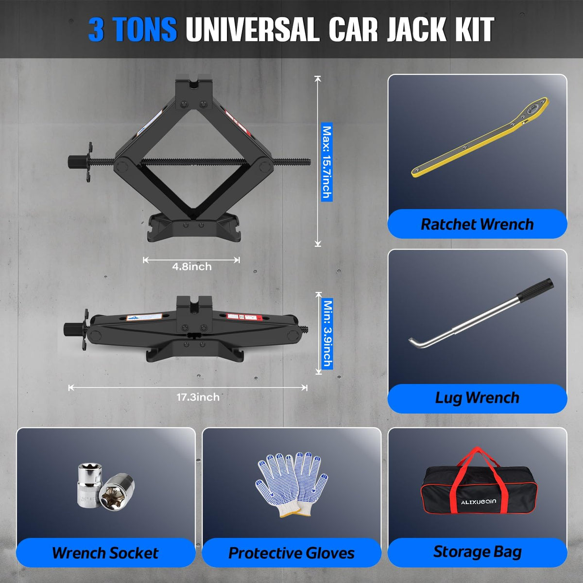 Car Jack Kit, 3 Ton (6614 lbs) Scissor Jack for Car, SUV, MPV | Alloy Steel Heavy Duty Scissor Car Jack, Portable Garage Tire Change Repair Tool, Outdoor Car Emergency Kit