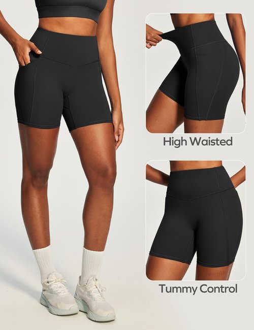 Ewedoos Butt Lifting Biker Shorts Women Tummy Control with Pockets Workout Gym Shorts High Waisted Spandex Yoga Shorts Black
