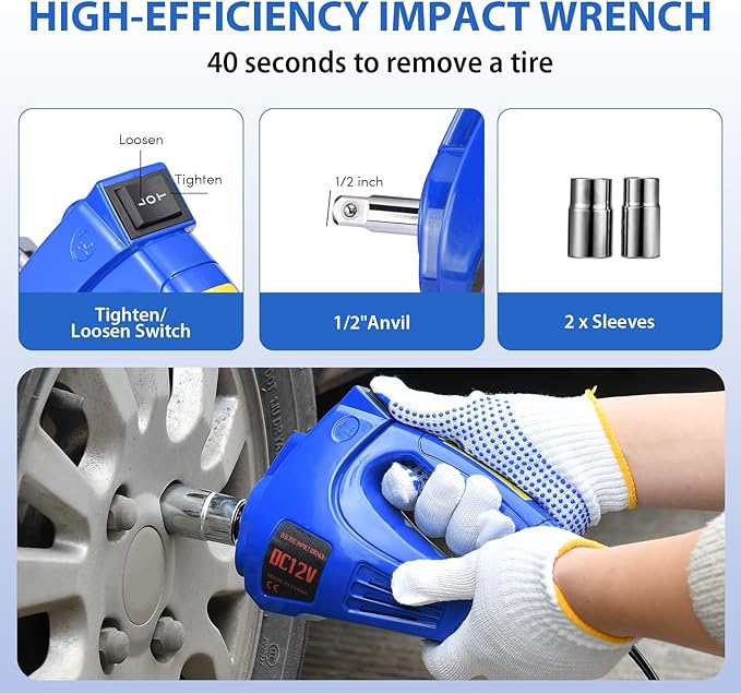 Electric Car Jack kit 5 Ton 12V Electric Floor Jack Lift for Vehicle, Electric Hydraulic Jack Auto Repair Tool Set with Built-in Inflator and Impact Wrench for SUV Sedan Truck Tire Change Blue