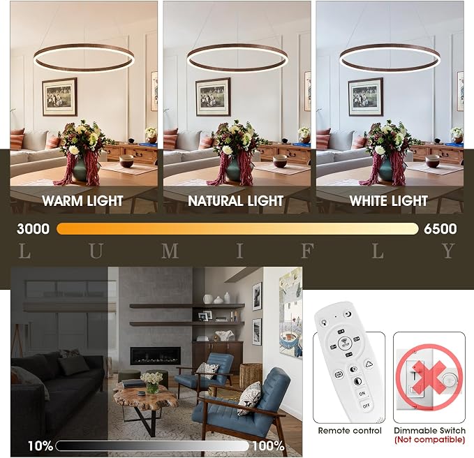 24" Ring Chandelier Modern LED Round Chandelier Wood Grain Finish Dimmable