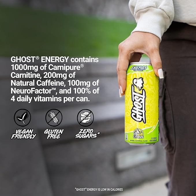 GHOST Energy Drink - 12-Pack, Citrus, 16oz Cans - Energy & Focus & No Artificial Colors - 200mg of Natural Caffeine, L-Carnitine & Taurine - Gluten-Free & Vegan