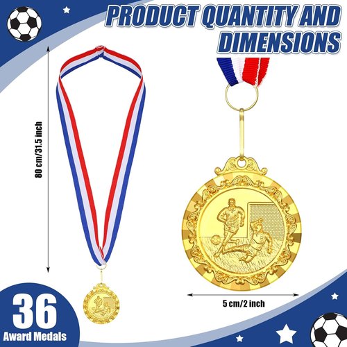 Misdary 36 Pcs Soccer Award Medals - Gold Trophies with Red, White & Blue Stripes Ribbon for Kids