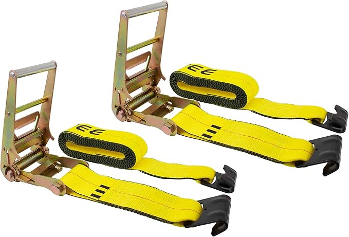 Mytee Products 4" x 30' Ratchet Tie Down Straps w/Flat Hook Extreme, 6,670 Lbs WLL Tie Down for Flatbed Truck Trailer (2 - Pack) Yellow