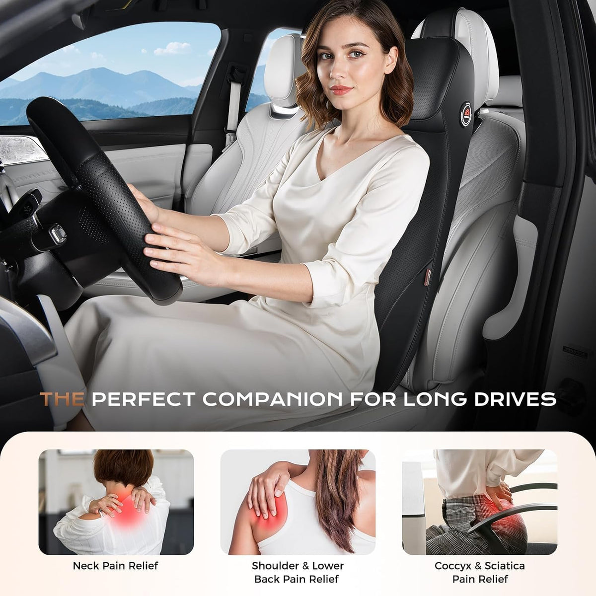 Coverado Lumbar Support and Headrest Pillow for Car, Integrated Design Ergonomic Memory Foam Head Neck Support Pillow for Driving Seat, Soft Leather Breathable Back Support, Back Pain Relief, Black