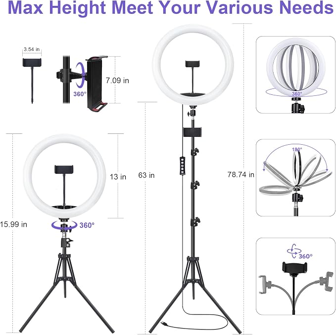 12" Selfie Ring Light with 75" Tripod Stand & 2 Phone Holder, LED Camera