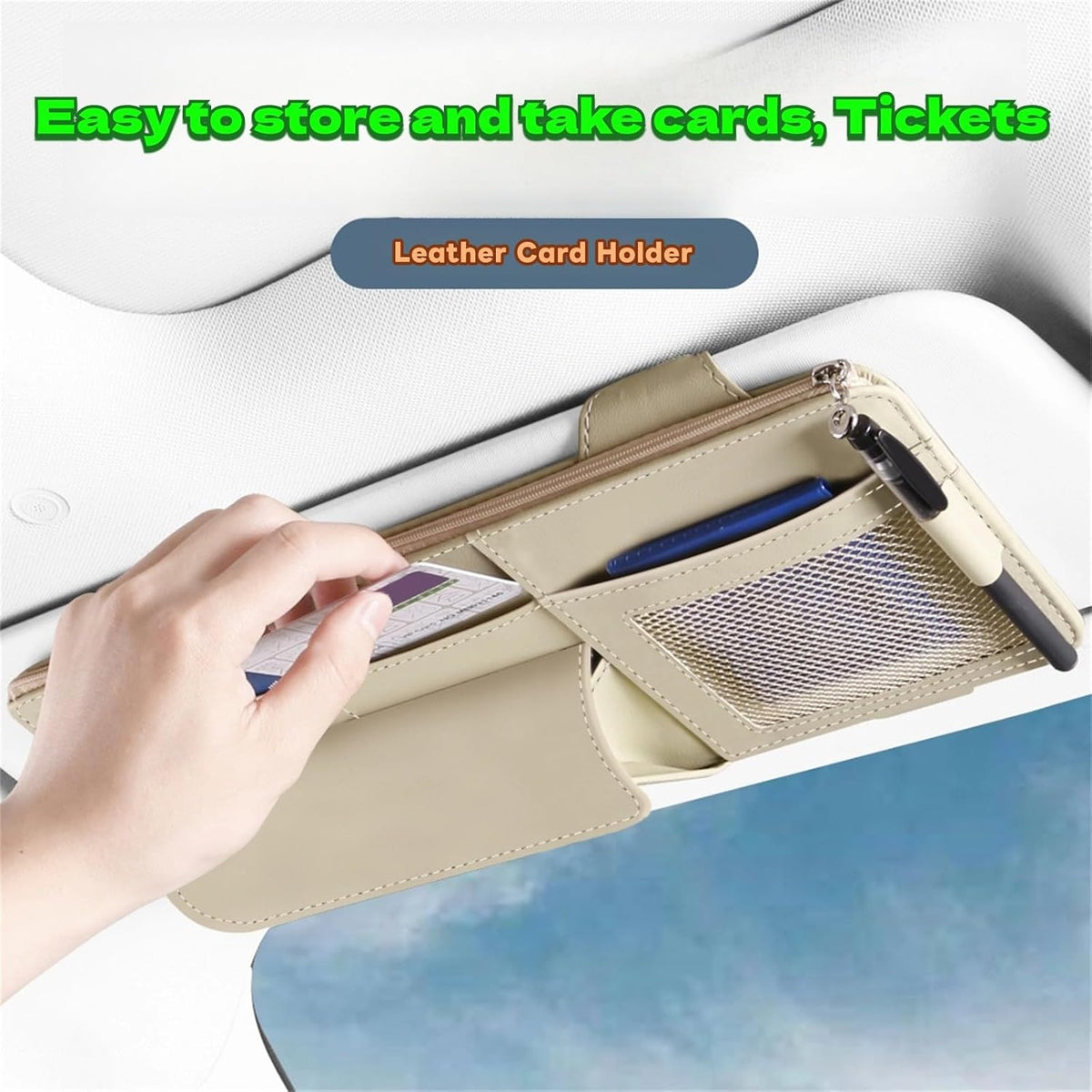 Car Visor Organizer, Multi-Pocket Sunvisor Storage with Sunglass Holder, Document Holder and Visor Card Clip, Fit for AUTO SUV & Truck, Leather Car Accessories Interior (Black)