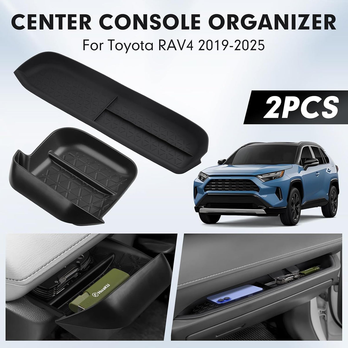 Autorder 2PCS Center Console Organizer for 2019-2025 Toyota RAV4 - Passenger Storage Organizer Mat & Driver Drawer Storage Box for 2026 RAV4 Accessories - Black