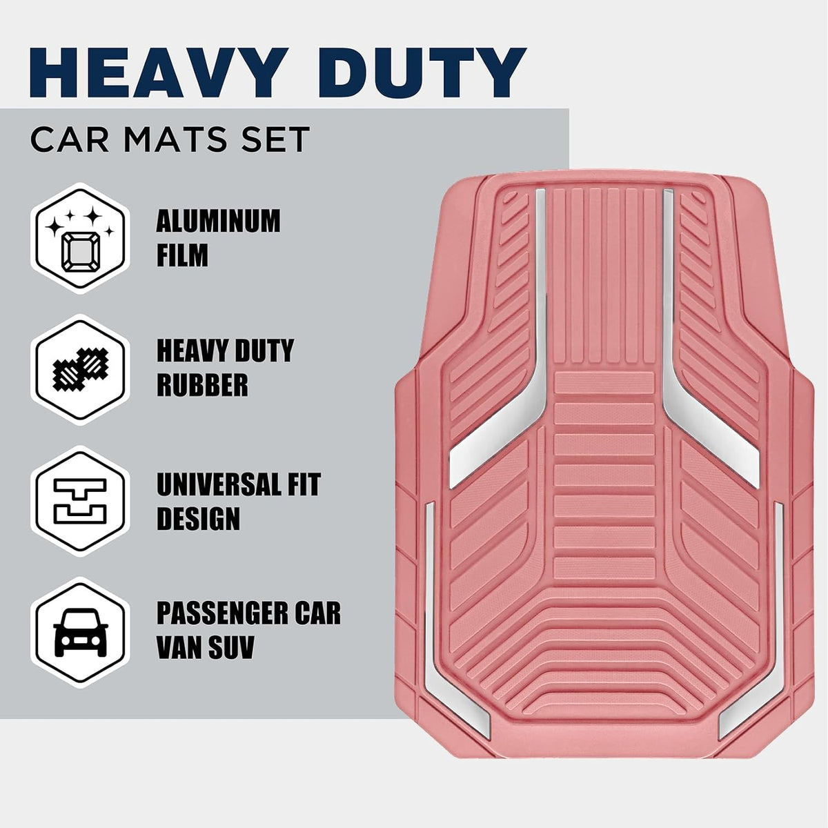 PIC AUTO Heavy Duty Pink Rubber Floor Mats, Silver Aluminum Film Car Mats Set, Front and Rear Car Mats with Anti-Slip Backing, All Weather Protection, Trim-to-Fit for Automotive SUV, Sedan, Van