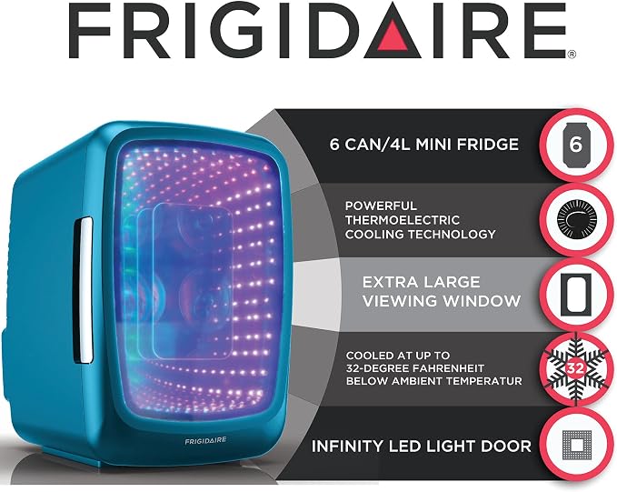 Frigidaire Gaming Light Up Mini Beverage Refrigerator, 6 can, 4 liters, Cooler with large see through door and LED lights Perfect for Gaming Experience, Home, Office, or Cars.12V Charger (Blue)