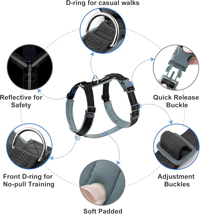 Plutus Pet No Pull Dog Harness, Adjustable Nylon Harness with Soft Padding, Reflective and Heavy Duty Dog Harness for Small, Medium, Large Dogs(Black, XL)